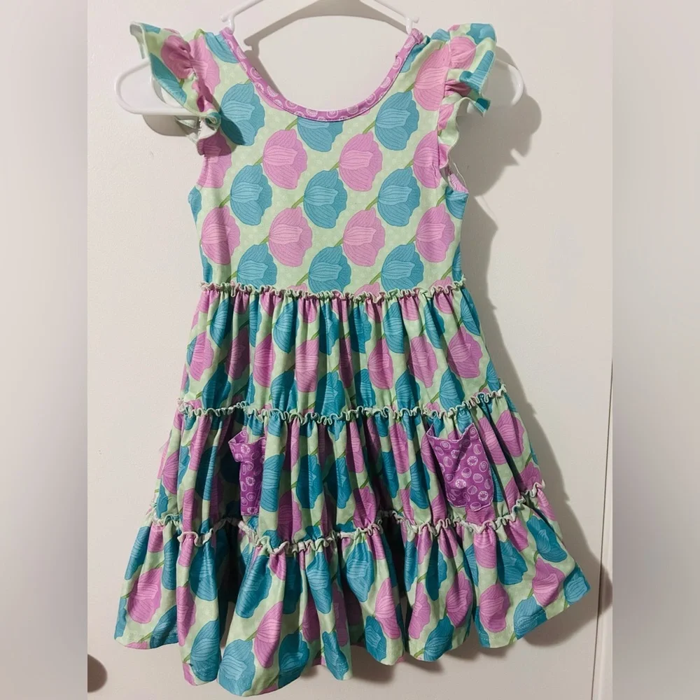 Pete + Lucy Bloomin Blossoms Colorful Kids Dress with Ruffle Sleeves, Size 5.